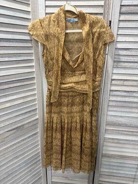 ANTONIO MELANI Mustard Patterned Midi Dress with Scarf Detail